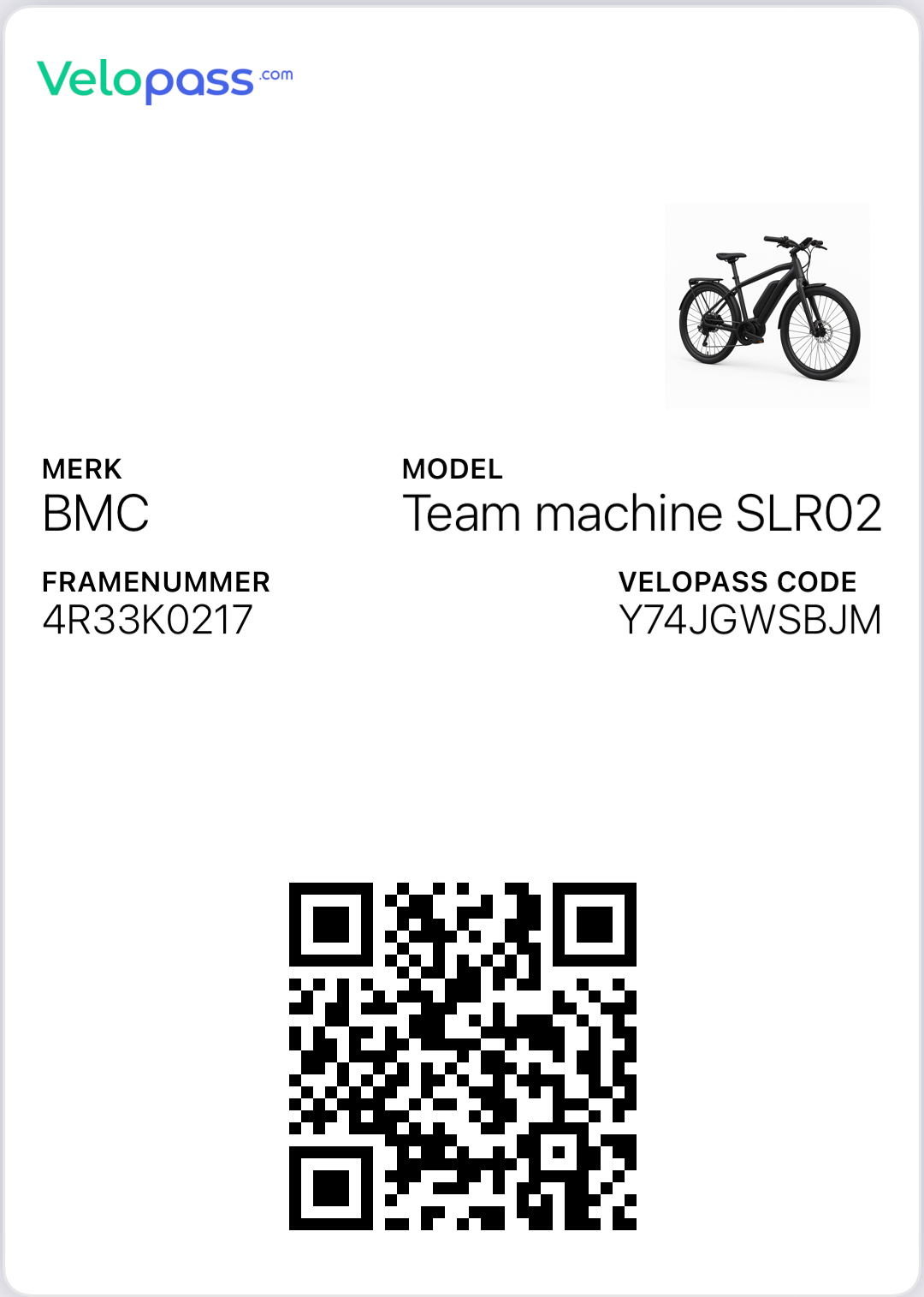 Velopass digital pass in Apple Wallet showing bike photo, brand, model, frame number and QR code