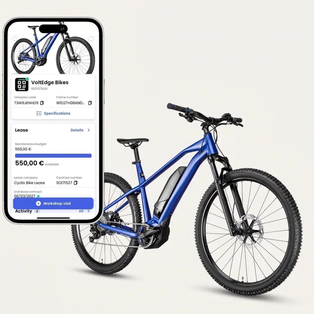 Velopass Pro app on smartphone with lease data next to a blue e-bike